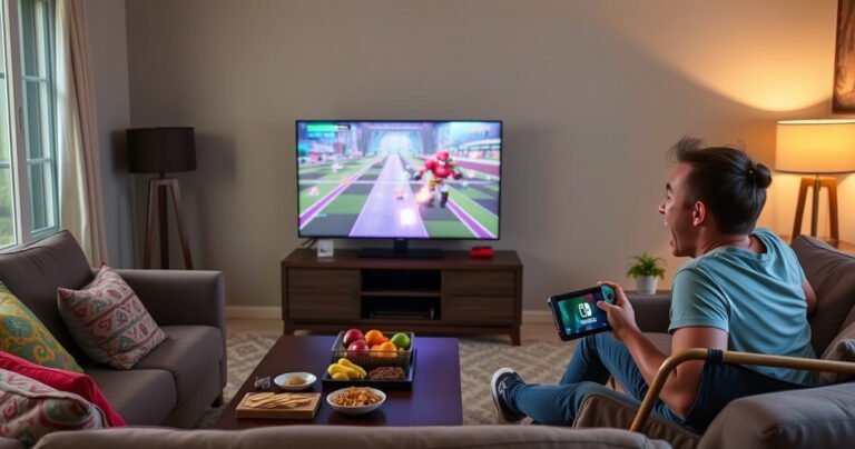 A cozy living room scene featuring a Nintendo Switch Lite connected to a large TV, vibrant gaming graphics displayed, a comfortable couch with colorful throw pillows, snacks on a coffee table, soft ambient lighting, and an excited gamer holding a controller, capturing the essence of a fun gaming experience at home.
