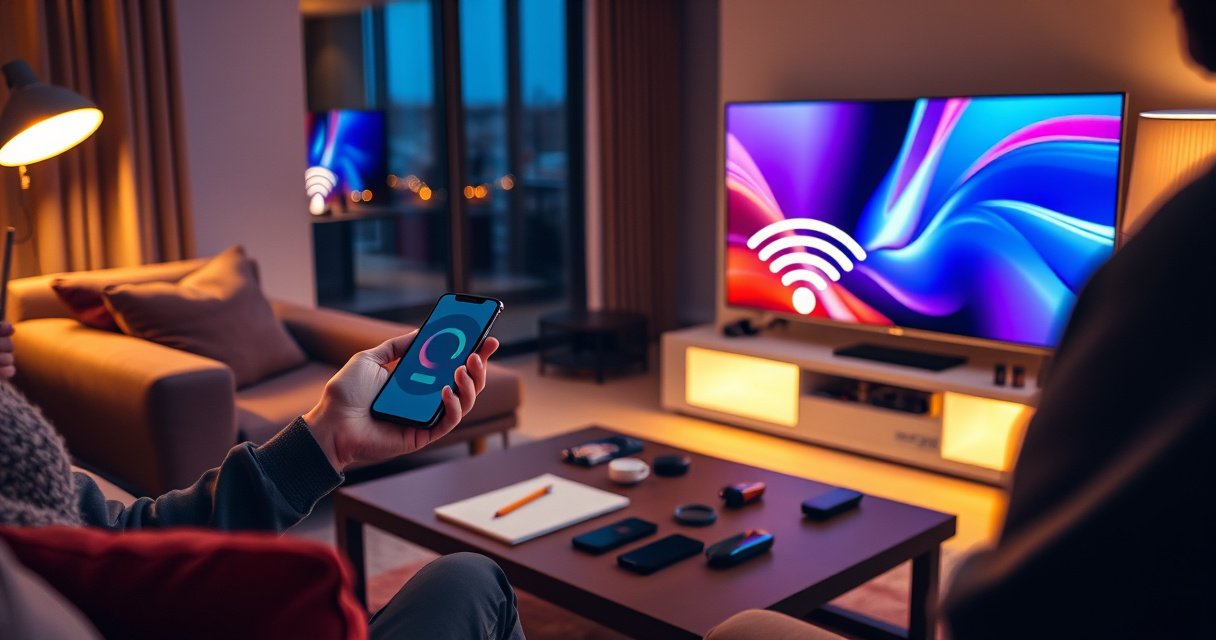 A modern living room featuring a sleek smart TV displaying a vibrant screen, a person effortlessly connecting their smartphone via a glowing hotspot icon, surrounded by cozy furniture and warm lighting, with a coffee table cluttered with tech gadgets and a notepad, embodying a seamless connection experience in a stylish home environment.