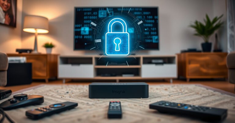A close-up of a sleek Insignia Fire TV nestled in a modern living room, surrounded by tech gadgets and scattered remote controls. A digital lock icon hovers above the screen, symbolizing security, while hints of glitch effects and binary code swirl in the background, representing the concept of jailbreaking and digital freedom.