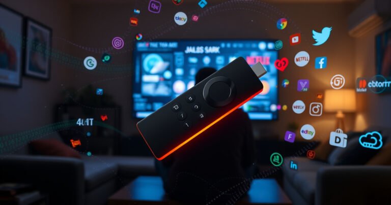 A glowing Fire TV Stick suspended in mid-air, surrounded by swirling digital codes and vibrant holographic icons of popular streaming platforms. In the background, a shadowy figure sits in a cozy living room, illuminated by the flickering light of a large screen displaying a mesmerizing jailbreak interface. The atmosphere is filled with intrigue and technology.