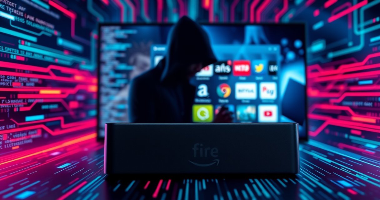 A sleek Amazon Fire TV device surrounded by vibrant digital graphics of code and streamlines, illustrating the concept of hacking and customization. In the background, a glowing television screen displays a captivating interface, with icons representing apps and media, while a hacker silhouette works intently, creating an atmosphere of intrigue and tech-savvy exploration.