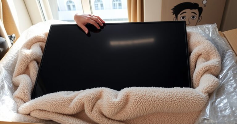 A flat screen TV resting horizontally on a plush, soft blanket, surrounded by protective bubble wrap and cardboard edges. Sunlight filters through a nearby window, casting gentle reflections on the screen. A hand gently adjusts the position, showcasing careful handling, with a worried expression on a face in the background, emphasizing the importance of safe transportation.