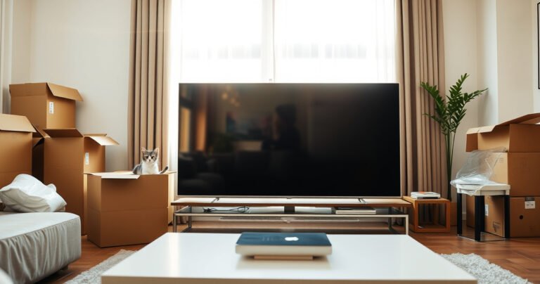 A sleek, modern living room with a large smart TV lying flat on a stylish coffee table, surrounded by moving boxes and packing materials. Sunlight streams through a nearby window, illuminating the delicate reflection on the TV screen, while a curious cat peeks from behind a box, adding a playful touch to the scene.