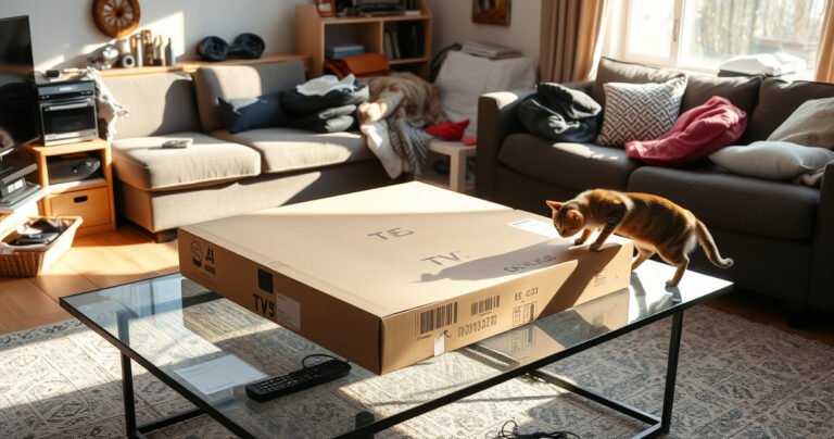 A cluttered living room with a large, unopened TV box laid flat on a stylish coffee table, surrounded by scattered accessories like remote controls and cables. Sunlight streams through a nearby window, casting soft shadows, while a curious cat inspects the box, adding a playful touch to the domestic scene.