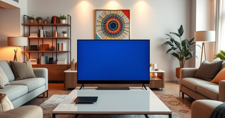 A sleek, modern living room featuring a large flat-screen TV carefully laid flat on a stylish coffee table. Surrounding it, cozy furnishings and warm lighting create an inviting atmosphere. In the background, a decorative shelf showcases books and plants, while a bold wall art adds a pop of color, embodying a harmonious blend of comfort and technology.