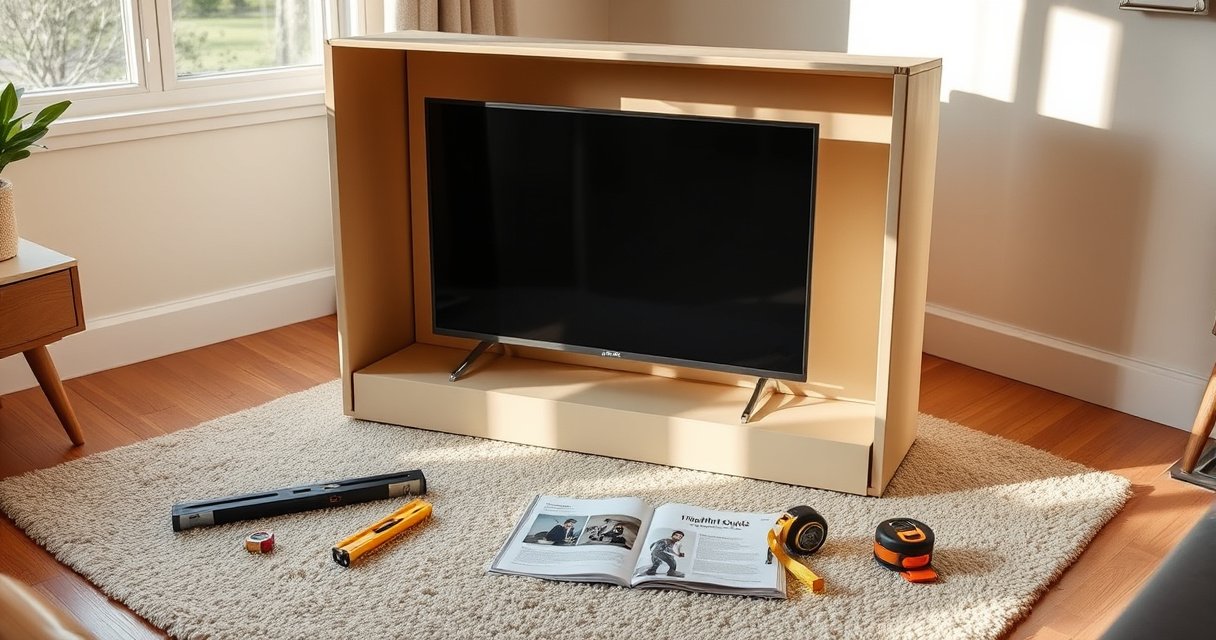 A cozy living room scene featuring a neatly packaged flat-screen TV in a stylish box, nestled on a soft rug. Surrounding it are scattered tools like a level and tape measure, alongside a helpful guidebook. Warm sunlight filters through a window, casting gentle shadows, creating an inviting atmosphere that suggests a DIY project in progress.