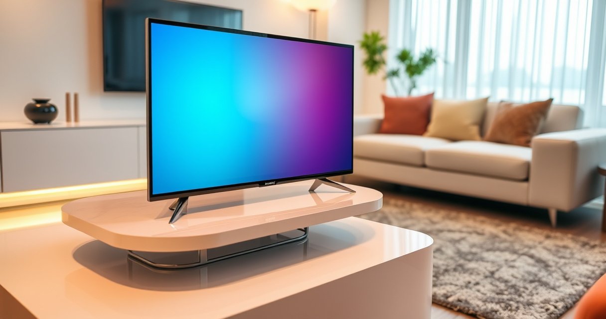 A sleek LED TV resting on a glossy, modern table, surrounded by bright, minimalist decor. Soft ambient lighting highlights the TV screen, displaying vibrant colors. In the background, an inviting living room with plush cushions and a stylish rug creates a warm atmosphere, emphasizing a safe and trendy setup for electronics.