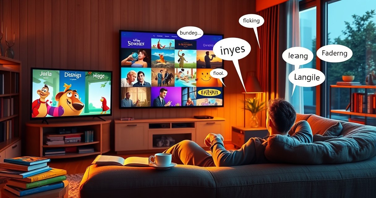 A cozy living room bathed in warm light, with a large TV screen displaying vibrant, animated scenes from various foreign films. A person lounges on a plush sofa, intently watching, surrounded by colorful language books and a steaming cup of tea, as playful speech bubbles in multiple languages float around, symbolizing the joy of learning through entertainment.