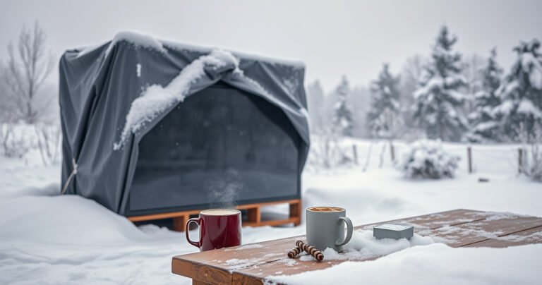 A cozy winter scene featuring a large television set covered with a protective tarp, surrounded by a soft blanket of snow. Frost clings to the edges, while a steaming mug of cocoa rests nearby on a wooden table. Distant trees are dusted with snow, and a gentle snowfall adds a serene, quiet atmosphere.