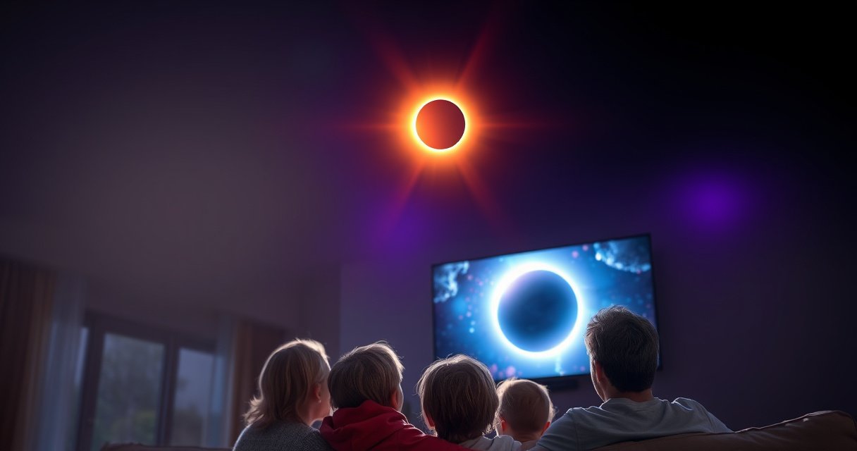 A mesmerizing scene of a celestial eclipse, with a radiant sun partially obscured by the moon, casting an ethereal glow across a night sky. Below, a family gathered in their cozy living room, eyes wide in awe as they watch the eclipse on a large screen, vibrant colors reflecting off their faces in a moment of wonder.