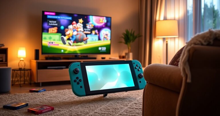 A vibrant Nintendo Switch Lite, glowing in a cozy living room, connected to a sleek TV displaying colorful game graphics. Soft lighting from a nearby lamp casts warm shadows, while scattered game cartridges and a plush gaming chair add a playful, inviting atmosphere. The scene captures the excitement of gaming and technology merging seamlessly.