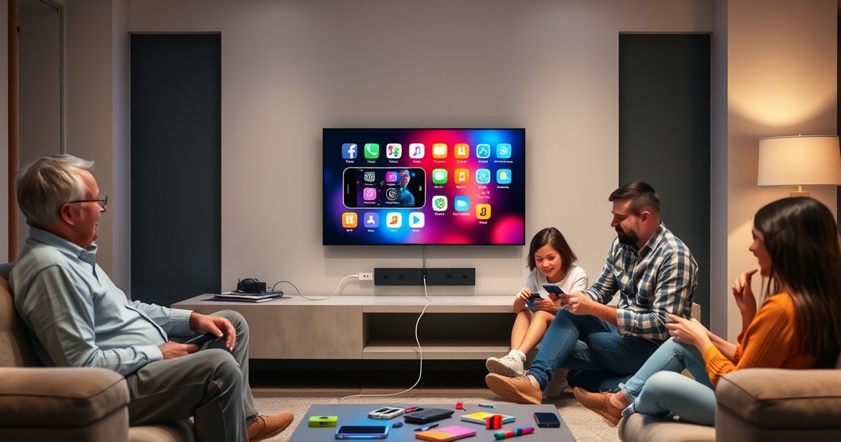 A modern living room with a sleek smart TV displaying a smartphone screen, vibrant app icons mirrored on the big screen. A family of four, excitedly gathered around, connecting devices with a cable, colorful gadgets scattered around. Soft ambient lighting creates a cozy atmosphere, emphasizing the seamless tech integration without the need for WiFi.