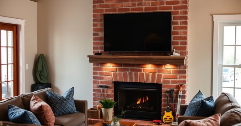 A cozy living room featuring a beautifully decorated brick fireplace with a sleek, mounted flat-screen TV above it. Warm, ambient lighting highlights a comfortable seating arrangement with plush pillows, while tools and safety gear are artfully arranged nearby, emphasizing a DIY theme. A subtle touch of greenery adds life to the inviting space.