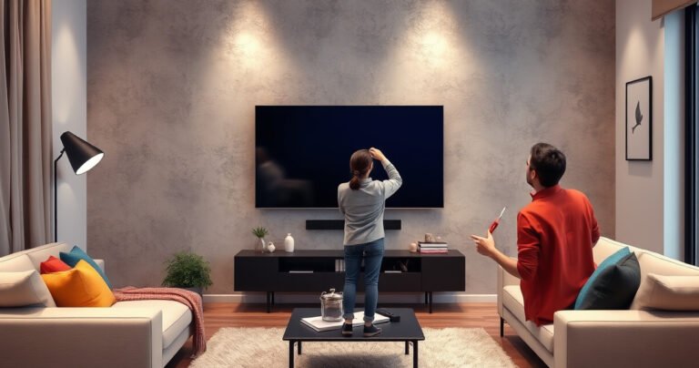 A modern living room scene showcasing a 65-inch TV elegantly mounted on a textured drywall, surrounded by stylish decor. Soft ambient lighting highlights the sleek furniture, while colorful throw pillows and a cozy rug add warmth. A person contemplating the wall, tools in hand, hints at a DIY project, blending functionality with contemporary elegance.