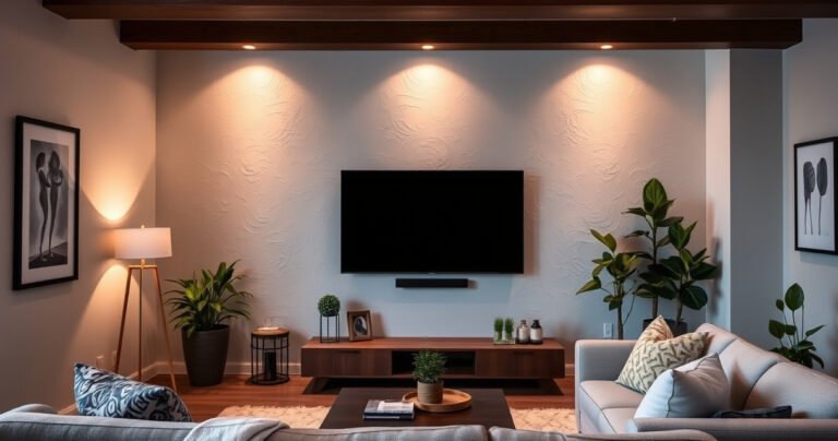 A modern living room with a sleek 75-inch TV mounted on a textured drywall, surrounded by stylish decor, soft ambient lighting, and a cozy sofa. The walls are painted in a calming shade, with framed artwork and plants adding vibrant touches, creating an inviting atmosphere perfect for movie nights and family gatherings.
