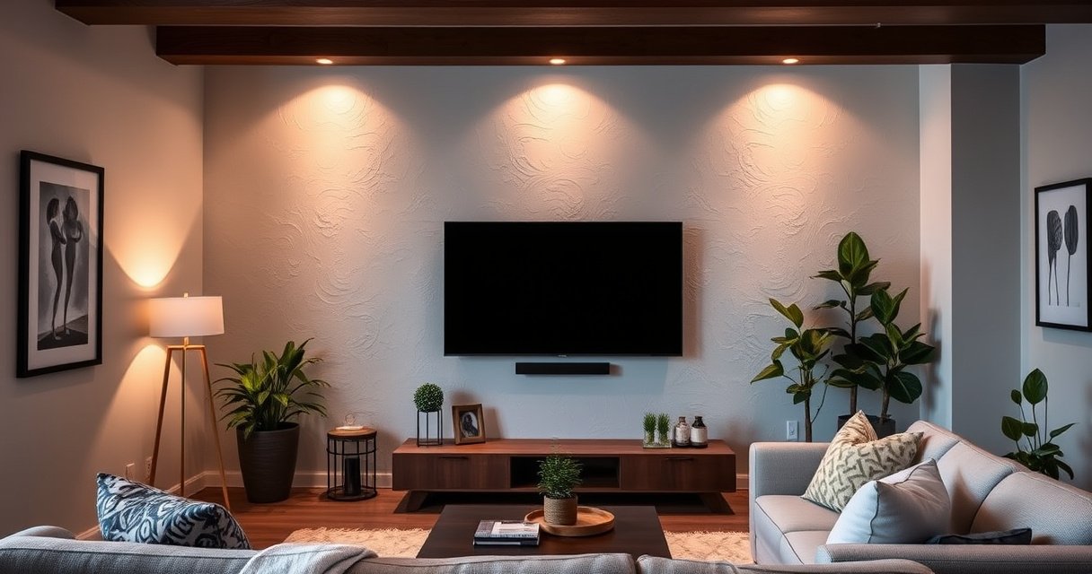 A modern living room with a sleek 75-inch TV mounted on a textured drywall, surrounded by stylish decor, soft ambient lighting, and a cozy sofa. The walls are painted in a calming shade, with framed artwork and plants adding vibrant touches, creating an inviting atmosphere perfect for movie nights and family gatherings.