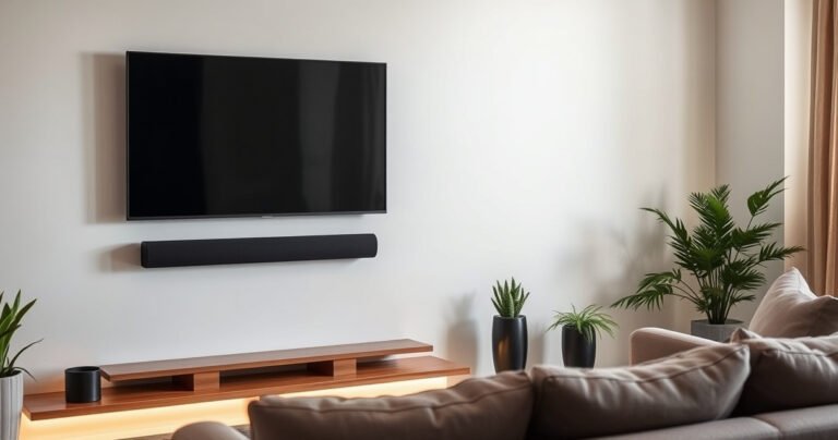 A sleek living room scene featuring a modern flat-screen TV mounted on a wall, with a stylish soundbar seamlessly attached below it. Soft ambient lighting casts a warm glow, highlighting the minimalist décor, comfortable couch, and decorative plants. An inviting atmosphere emphasizes the tech-savvy and aesthetic integration of the soundbar in home entertainment.