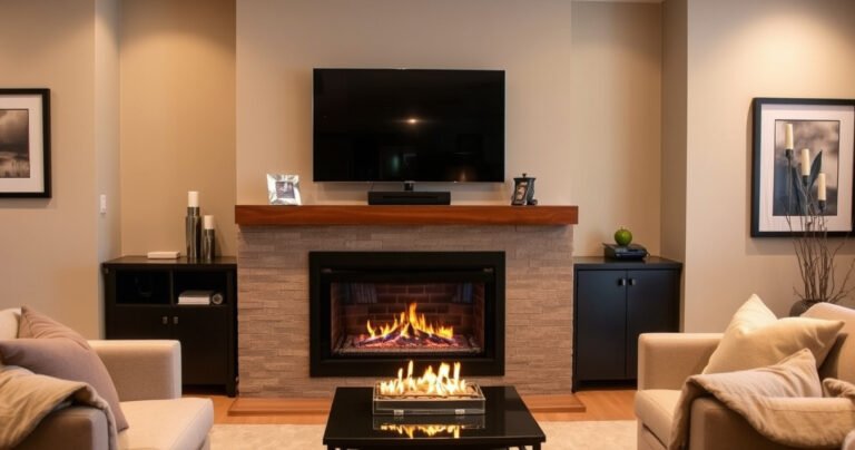 A cozy living room with a stylish gas fireplace, flames gently flickering. Above the mantle, a sleek flat-screen TV is mounted, surrounded by tasteful decor. Soft, warm lighting enhances the inviting atmosphere, while plush furniture invites relaxation. The walls are adorned with framed artwork, creating a perfect blend of modern comfort and elegance.