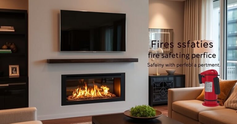 A cozy living room featuring a stylish gas fireplace with flickering flames, a sleek flat-screen TV mounted above, surrounded by elegant decor. Soft, warm lighting illuminates the space, while safety tips are artistically integrated into the scene, showcasing fire safety equipment discreetly positioned nearby. The atmosphere conveys comfort and caution in perfect harmony.