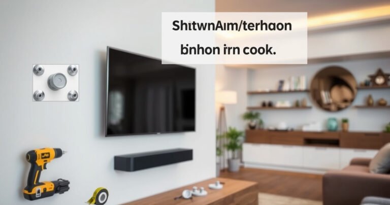 A close-up view of a wall with a mounted TV, showing drywall anchors in various stages of installation. The scene includes tools like a drill and level, scattered screws, and a measuring tape. The background features a cozy living room with soft lighting, modern decor, and a sleek design, emphasizing the importance of proper mounting techniques.