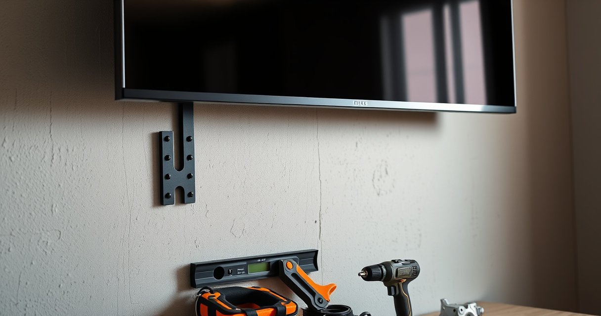 A close-up of a sturdy wall bracket securely mounted on a textured drywall, with a sleek modern TV hovering above it. Tools like a level and a power drill are nearby, surrounded by safety gear. Soft lighting highlights the contrast between the smooth TV surface and the rugged wall, creating an inviting, informative atmosphere.