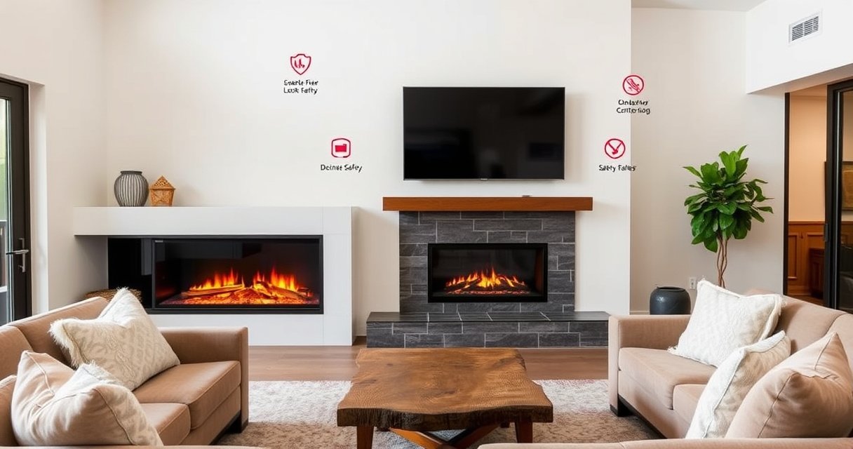 A cozy living room featuring a stylish fireplace, with a sleek flat-screen TV mounted above it. Warm hues of orange and red from the fire contrast with the modern decor. Plush seating surrounds a rustic coffee table, while safety tips are subtly illustrated as icons on the wall, blending seamlessly into the inviting atmosphere.