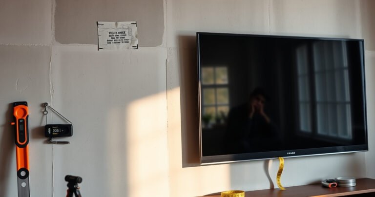 A close-up of a sturdy drywall with a sleek, modern flat-screen TV mounted securely. Tools like a stud finder and level are scattered nearby, with a measuring tape unfurled. Soft ambient light casts shadows, emphasizing the strength of the wall and the beauty of the TV. The background hints at a stylish living room.