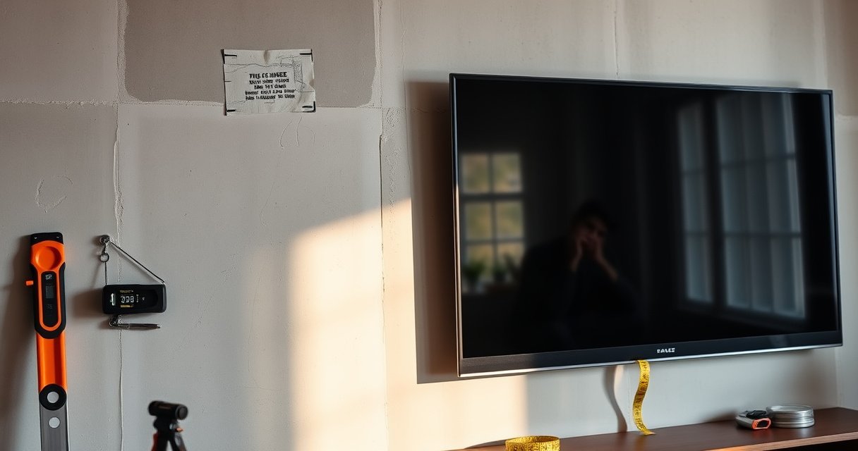 A close-up of a sturdy drywall with a sleek, modern flat-screen TV mounted securely. Tools like a stud finder and level are scattered nearby, with a measuring tape unfurled. Soft ambient light casts shadows, emphasizing the strength of the wall and the beauty of the TV. The background hints at a stylish living room.