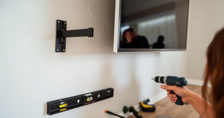 A close-up of a sturdy wall bracket securely mounted on textured drywall, with a sleek, modern flat-screen TV hovering above it. Surrounding tools like a level and drill are scattered on the floor, while a person carefully inspects the installation. Soft lighting enhances the scene, conveying a sense of safety and DIY confidence.