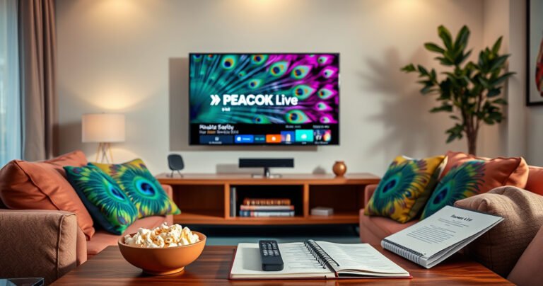 A vibrant living room featuring a modern TV displaying a paused Peacock Live TV show, with a colorful peacock feather pattern woven into plush cushions. The room is bathed in warm light, showcasing a coffee table with a remote control, popcorn bowl, and a notebook with the article title elegantly written in the background.