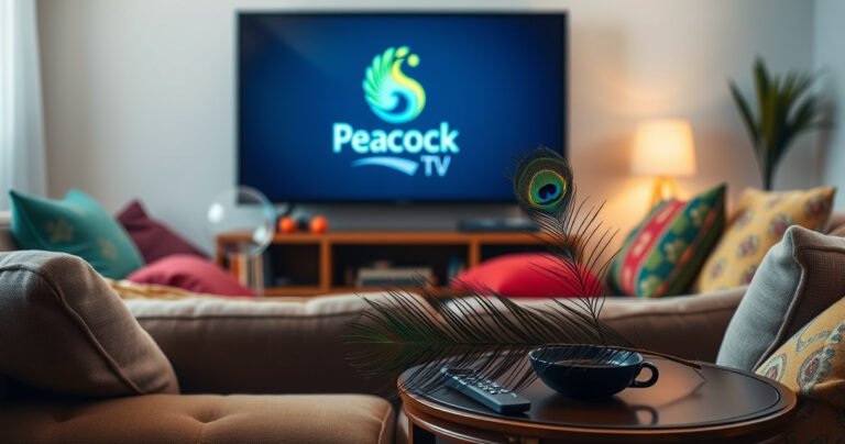 A vibrant living room scene with a cozy couch, a large TV screen displaying the Peacock TV logo, a steaming cup of coffee on a side table, and a playful peacock feather casually draped over the remote, surrounded by colorful cushions and soft lighting, evoking a feeling of relaxation and entertainment.