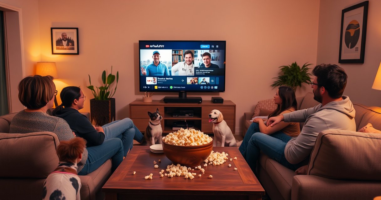 A cozy living room scene featuring a family gathered on a comfortable couch, intently watching a large TV screen displaying a paused YouTube TV live show. A bowl of popcorn sits on the coffee table, surrounded by playful pets. Warm lighting casts a relaxed atmosphere, emphasizing the ease of enjoying entertainment at home.