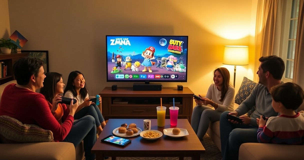 A cozy living room scene illuminated by soft, warm light, showcasing a family gathered around a Nintendo Switch connected to a large TV. Joyful expressions as they engage in multiplayer games, colorful characters from various games displayed on the screen, snacks and drinks scattered on a coffee table, with playful game controllers in hand.