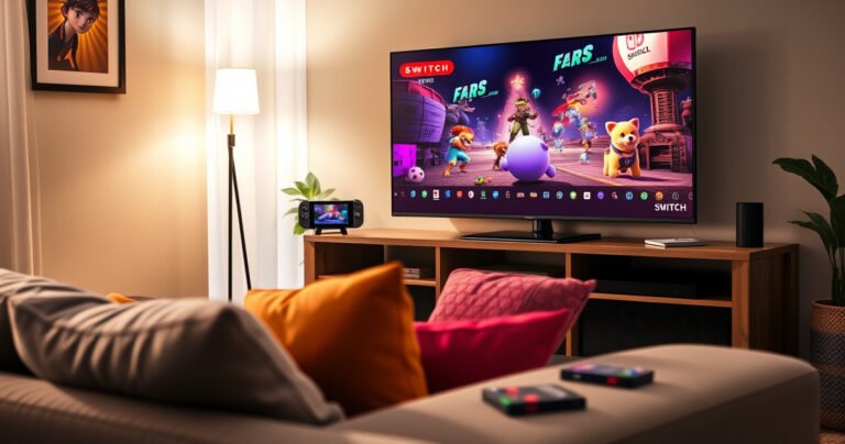 A cozy living room scene featuring a Nintendo Switch docked on a stylish TV stand, with a large flat-screen TV displaying vibrant gameplay. Soft ambient lighting bathes the room, a plush sofa adorned with colorful cushions in the foreground, and a few game cartridges scattered nearby, inviting viewers into the world of gaming.