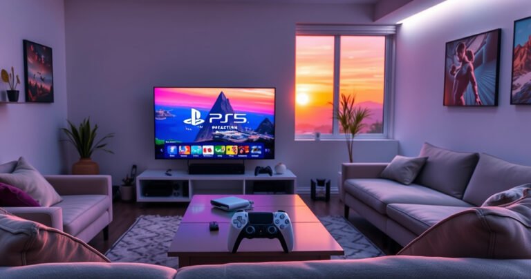 A sleek, modern living room featuring a vibrant Smart TV displaying a PS5 screen, surrounded by cozy furniture and soft ambient lighting. A game controller rests on the coffee table, with colorful game artwork adorning the walls. A window reveals a sunset, casting warm hues, creating an inviting atmosphere for gaming.