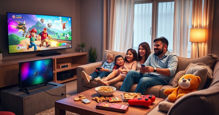 A cozy living room featuring a Nintendo Switch docked beside a vibrant TV displaying colorful game graphics. A family gathered on a plush sofa, joyously playing together, with snacks scattered on a coffee table. Soft lighting enhances the warm atmosphere, while game controllers and plush toys add a playful touch.