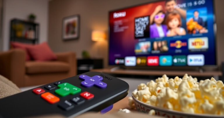 A close-up of a Roku remote with vibrant buttons, resting beside a sleek flat-screen TV displaying a colorful home screen interface. In the background, a cozy living room setting with soft lighting, plush furniture, and a bowl of popcorn, capturing the essence of a perfect movie night, inviting viewers to explore technology in comfort.