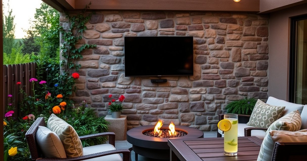 A cozy outdoor patio with a sleek, weatherproof TV mounted on a rustic stone wall, surrounded by lush greenery and colorful flowers. Soft evening light casts a warm glow, illuminating comfortable seating with plush cushions. A small fire pit nearby adds ambiance, while a glass of refreshing lemonade sits on a wooden table, inviting relaxation.