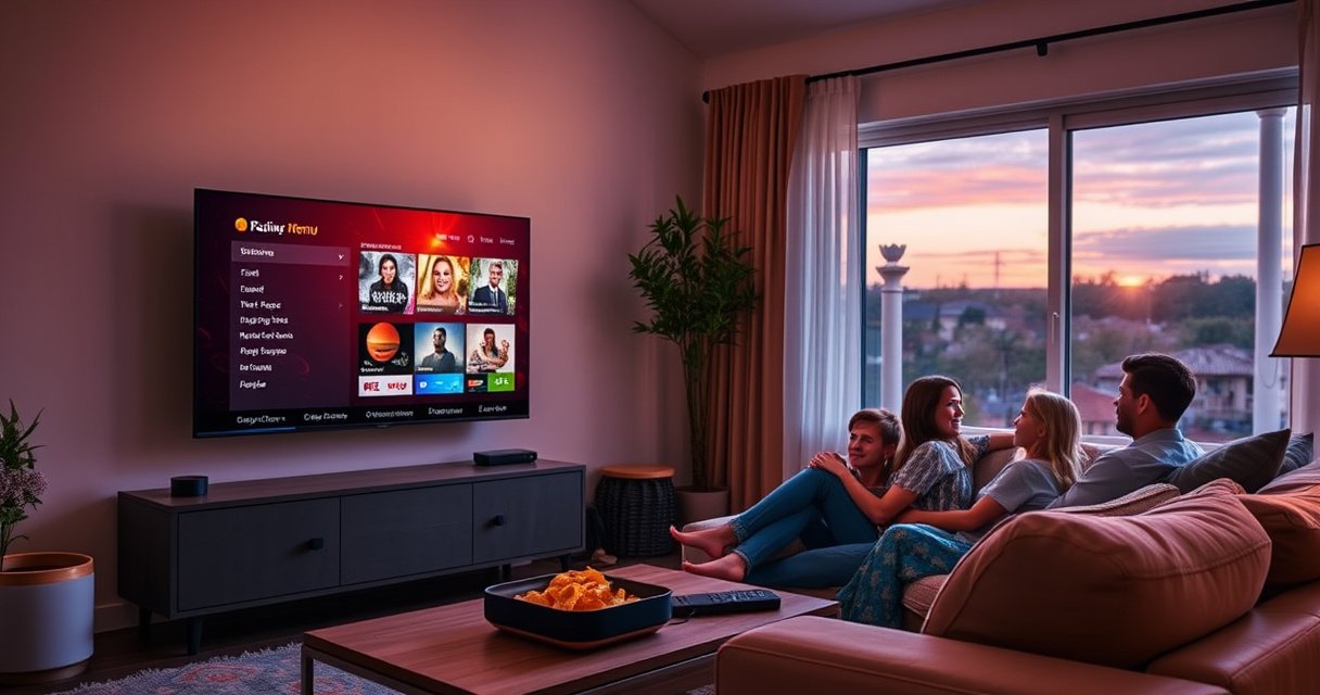 A cozy living room featuring a sleek smart TV displaying a vibrant streaming menu, a family gathered on a plush couch with snacks, a recording device on a nearby table, soft ambient lighting creating a warm atmosphere, and a window showing a sunset outside, evoking a sense of relaxation and modern technology.