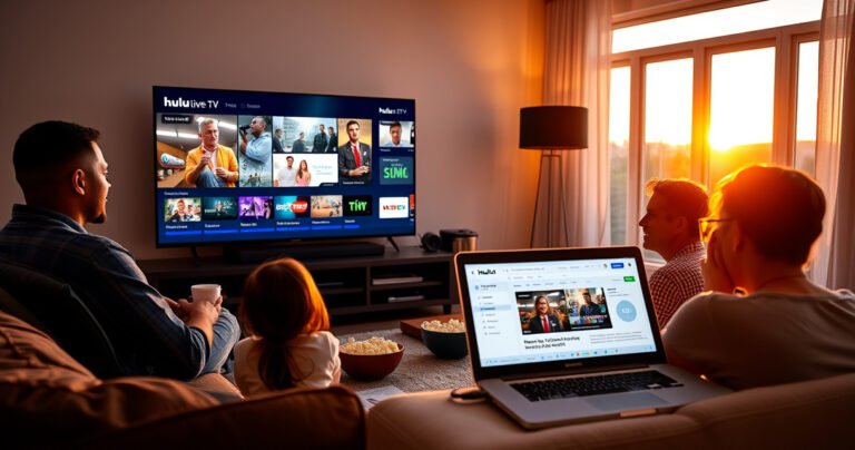 A cozy living room scene with a family gathered around a sleek TV displaying vibrant Hulu Live TV content, popcorn bowls scattered, a laptop open with recording software visible, soft ambient lighting casting a warm glow, and a large window revealing a sunset, symbolizing the blend of technology and family entertainment.