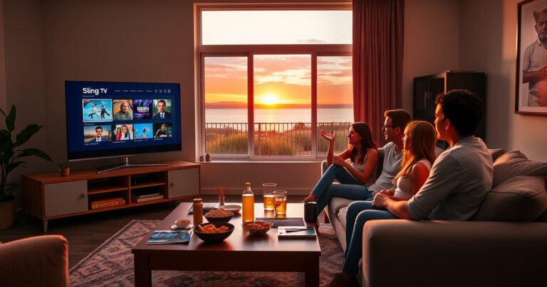 A cozy living room with a modern TV displaying the Sling TV interface, surrounded by snacks and drinks on a coffee table. A family sits comfortably on a plush couch, excitedly discussing their favorite shows, while a vibrant sunset casts warm light through the window, creating an inviting atmosphere of entertainment and togetherness.