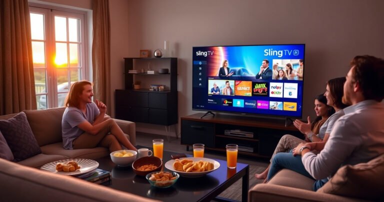 A cozy living room with a sleek television displaying a vibrant Sling TV interface, surrounded by snacks and drinks on a coffee table. A family is gathered on a plush couch, excitedly discussing their favorite shows. In the background, a window reveals a sunset, casting a warm glow over the scene, evoking a sense of relaxed entertainment.