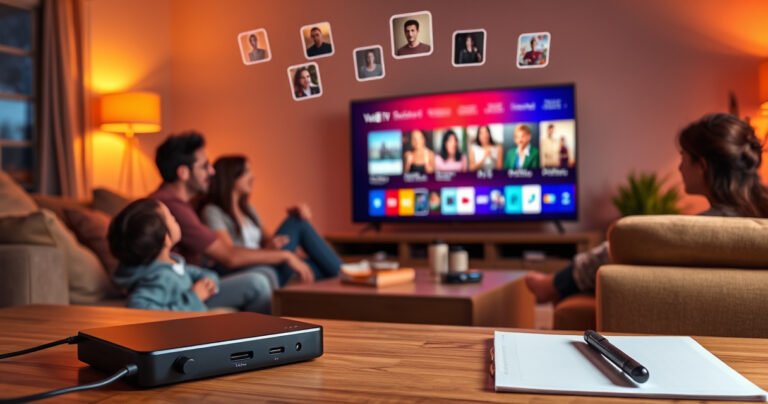 A vibrant living room scene featuring a family gathered around a large TV displaying YouTube TV's colorful interface. In the foreground, a sleek recording device is connected, with a notepad and pen nearby. Warm lighting creates a cozy atmosphere, while digital icons of recorded shows float above, symbolizing the recording feature.