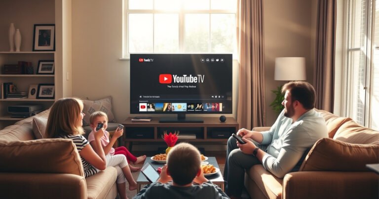 A cozy living room scene featuring a large flat-screen TV displaying the YouTube TV interface, surrounded by plush furniture and snacks. A family is joyfully gathered, holding remotes, with a recording symbol glowing on the screen. Sunlight streams through a window, illuminating a vibrant, inviting atmosphere filled with excitement and anticipation for their favorite shows.