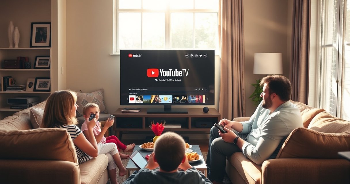 A cozy living room scene featuring a large flat-screen TV displaying the YouTube TV interface, surrounded by plush furniture and snacks. A family is joyfully gathered, holding remotes, with a recording symbol glowing on the screen. Sunlight streams through a window, illuminating a vibrant, inviting atmosphere filled with excitement and anticipation for their favorite shows.