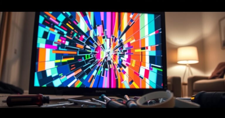 A close-up of a shattered TV screen displaying colorful glitch patterns, surrounded by scattered tools like screwdrivers and adhesive tape. The background features a faint outline of a living room, with a couch and a flickering lamp, creating a sense of urgency and intrigue about the possibility of repair.