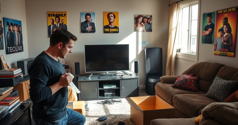 A cluttered living room with a flat-screen TV prominently displayed, surrounded by scattered cables and gadgets. A frustrated person holds a Best Buy receipt, glancing toward an empty cardboard box. Brightly colored posters of popular TV shows adorn the walls, while a sunlight stream filters through a nearby window, casting dramatic shadows across the scene.