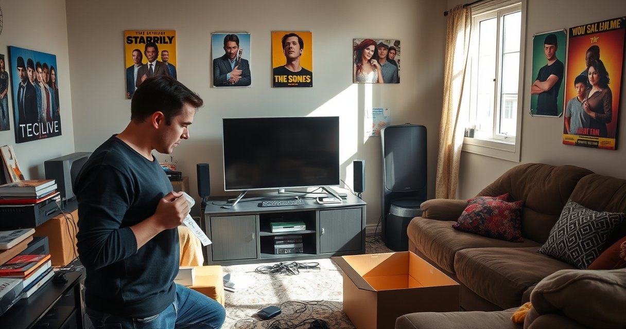 A cluttered living room with a flat-screen TV prominently displayed, surrounded by scattered cables and gadgets. A frustrated person holds a Best Buy receipt, glancing toward an empty cardboard box. Brightly colored posters of popular TV shows adorn the walls, while a sunlight stream filters through a nearby window, casting dramatic shadows across the scene.