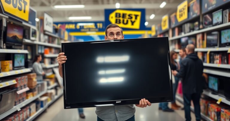 A frustrated customer stands in a bustling Best Buy store, holding a large flat-screen TV with no box. Surrounding shelves are filled with colorful electronics, while employees assist other customers. The bright store lights reflect off the TV's screen, capturing a moment of uncertainty and determination, embodying the challenges of returning items without original packaging.