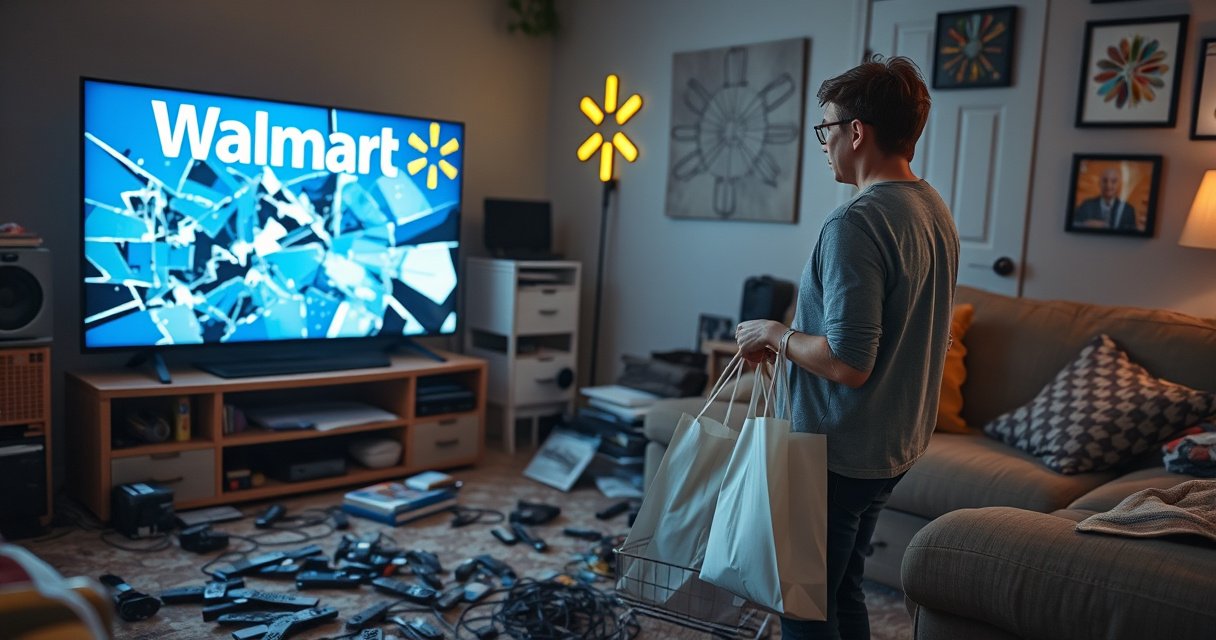 A cluttered living room with a broken TV displaying cracked screens, surrounded by scattered remote controls and tangled cables. A concerned shopper holds a Walmart bag, looking at the damaged device, while a bright, inviting Walmart store logo glows in the background. The atmosphere blends frustration and hope, hinting at the possibility of returns.